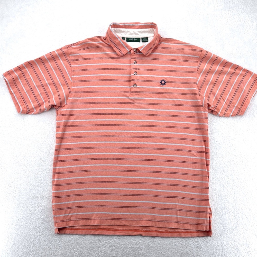 Bobby Jones Mens Polo Shirt Size L Orange Striped Pima Cotton Short Sleeve Golf
